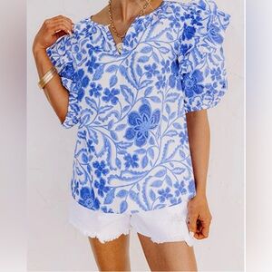 Dark Blue Floral Print Ruffled Bubble Sleeve Blouse